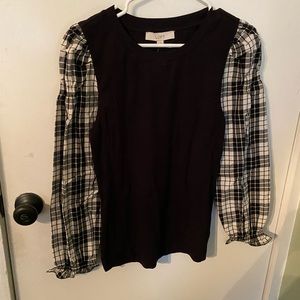 Puffy sleeve black and plaid shirt from The Loft.